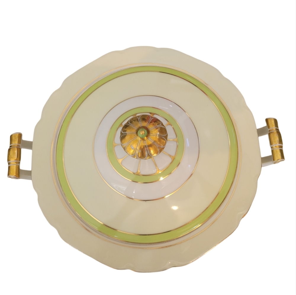Victoria Porcelain Lime, Gold, and Cream Decorative Serving Terrine